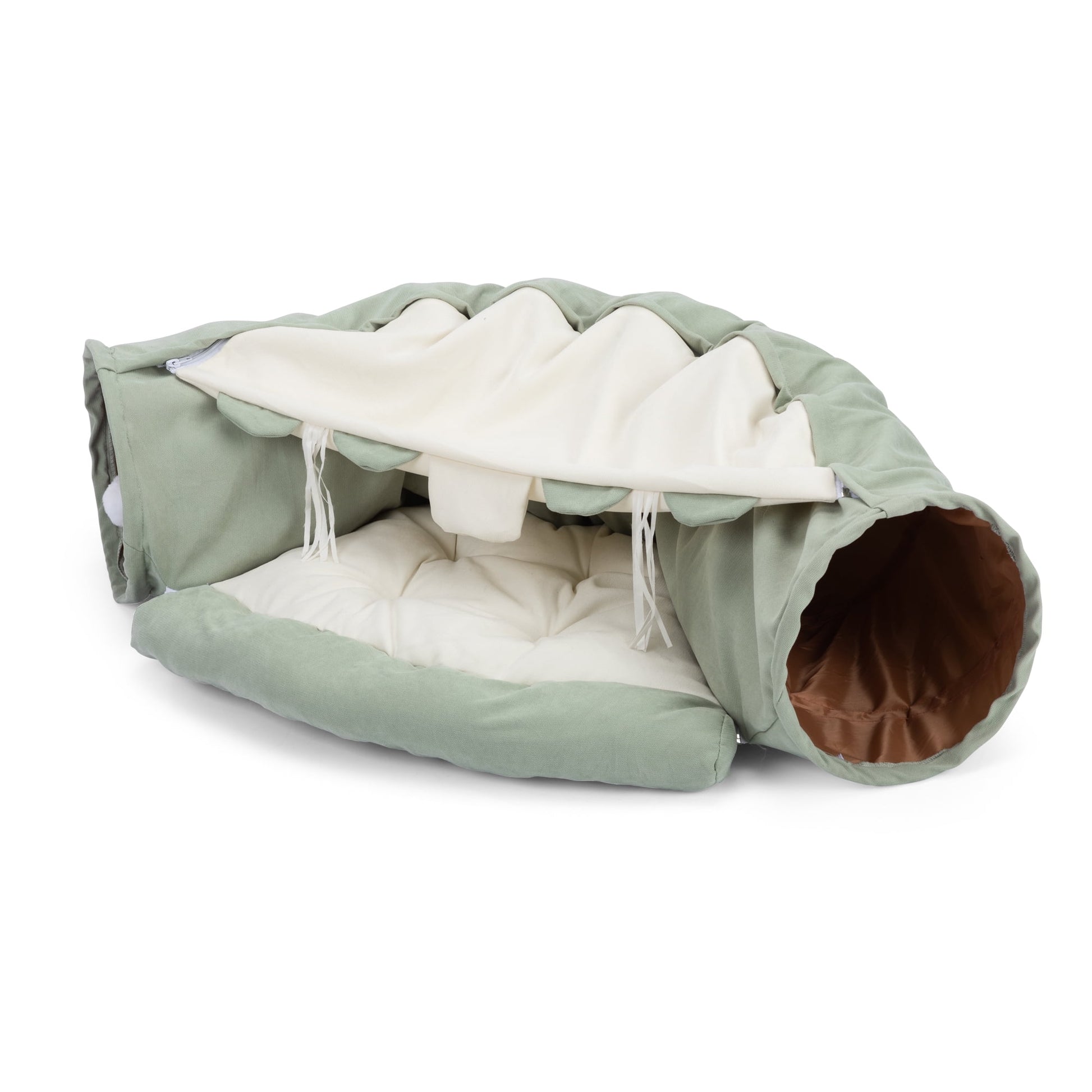 2-In-1 Cat Tunnel Tube Cat Tunnel Bed W/ Washable Bed Collapsible Kitty Toy, Green