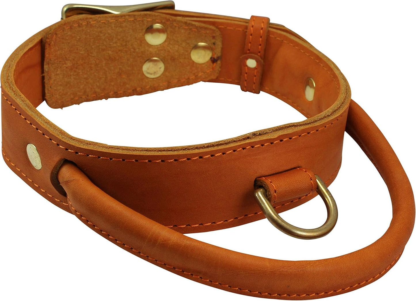 Genuine Leather Dog Collar, Rolled Leather Handle Tan (Xlarge: Neck: 20"-23.5")