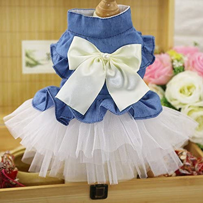 Dog Dress Cowboy Bow Jumpsuits Pets Party Clothes for Puppy Cat Lace Skirt Mesh Princess Tutu Dresses