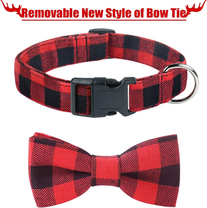 2 Pack Dog Collar with Bow Tie, Christmas Classic Plaid Pattern Dog Collar with Light Adjustable Buckle Suitable for Small Medium Large Dogs Cats Pets (Medium, Red + Green)