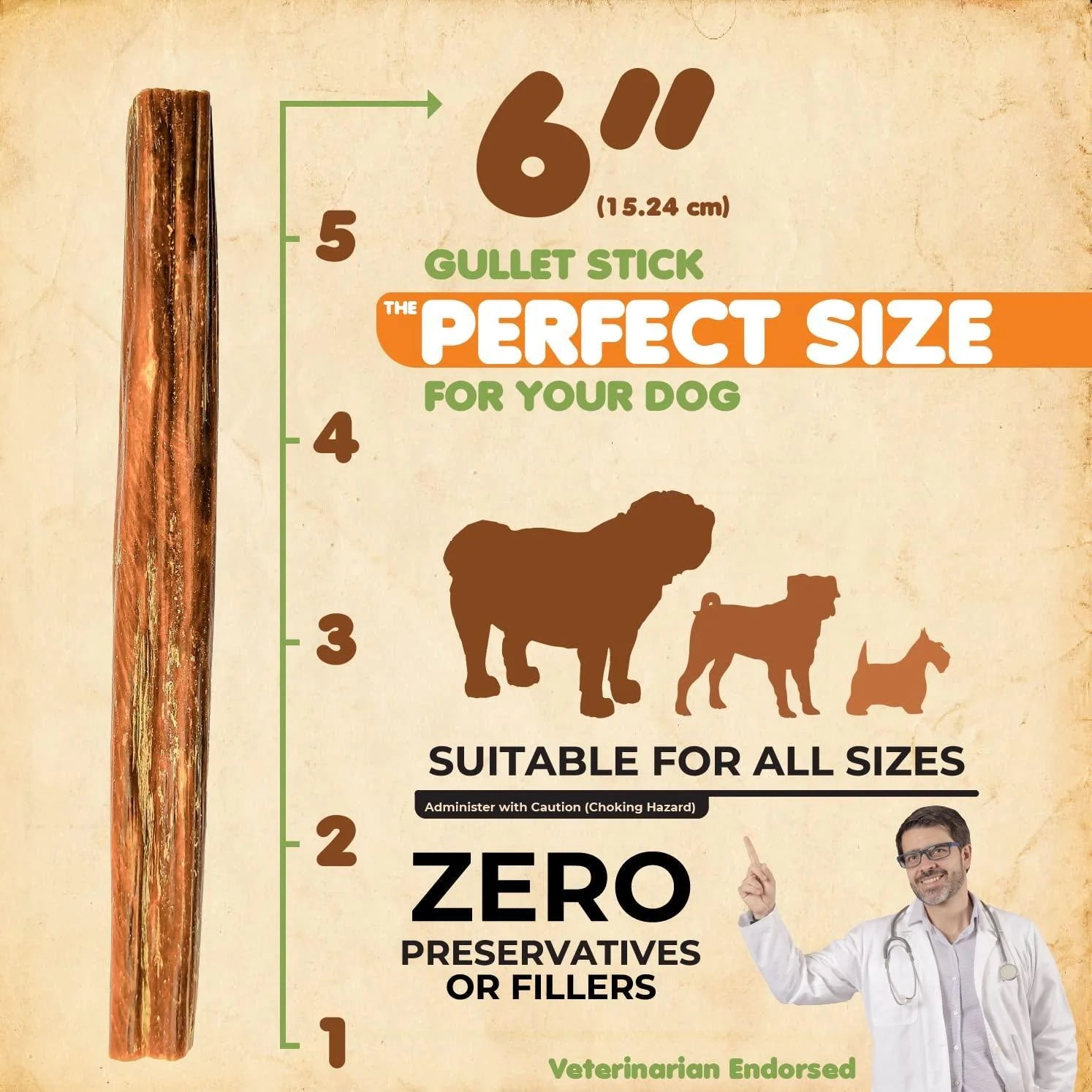 Gullet Sticks 100% Natural Beef Esophagus Dog Chews 6 in 24 Count Premium Dog