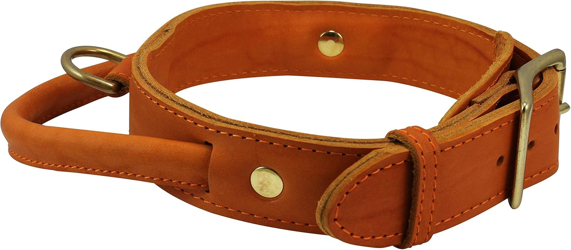 Genuine Leather Dog Collar, Rolled Leather Handle Tan (Xlarge: Neck: 20"-23.5")