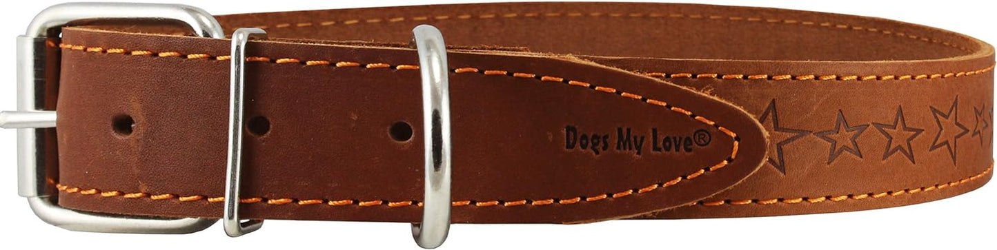 Genuine Leather Dog Collar Stars Pattern Brown 4 Sizes (Neck Circumf: 16.5"-18.5"; 1.25" Wide)