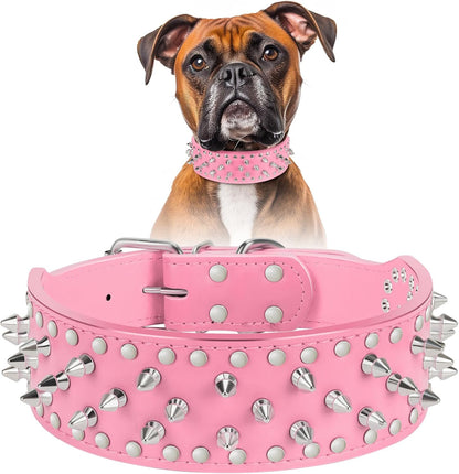 Dog Collar Leather Studded Collar with Spikes for Large Medium Dogs,2" Width(Pink,Xs)