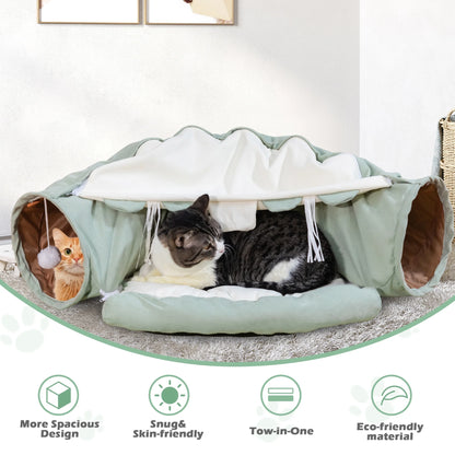 2-In-1 Cat Tunnel Tube Cat Tunnel Bed W/ Washable Bed Collapsible Kitty Toy, Green