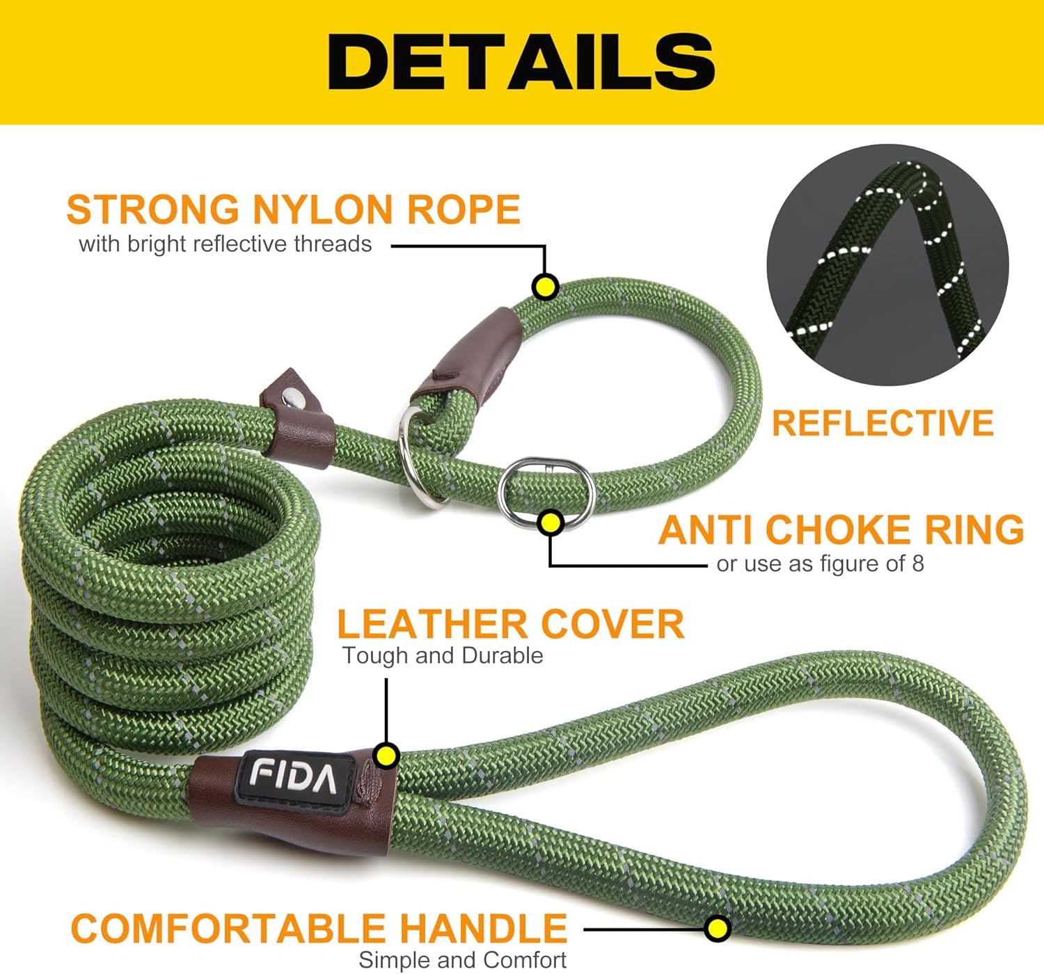 Durable Slip Lead , 6 FT X 1/2" Heavy Duty Loop Leash, Comfortable Strong Rope Leash for Large, Medium Dogs, No Pull Pet Training Leash with Highly Reflective, Green