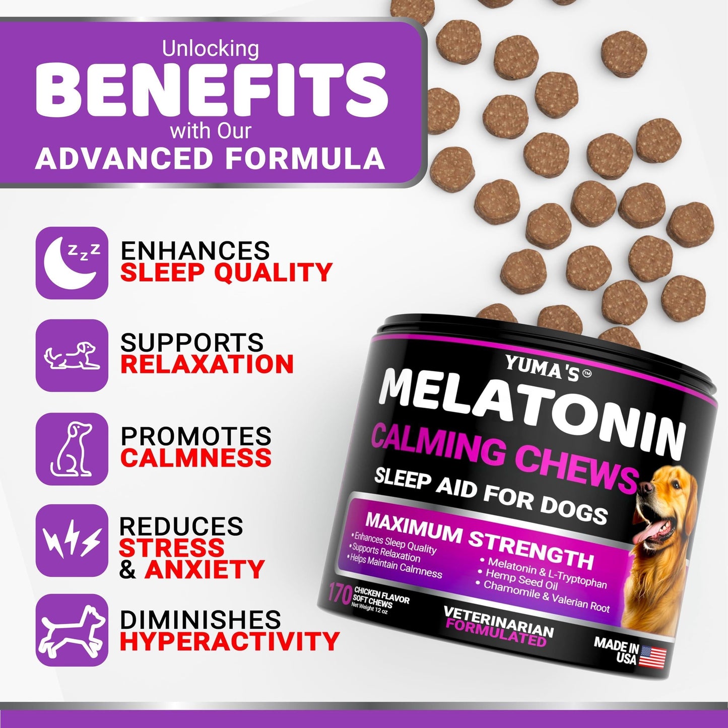 Melatonin Calming Chews for Dogs 170 Chews Dog Stress and Anxiety Relief