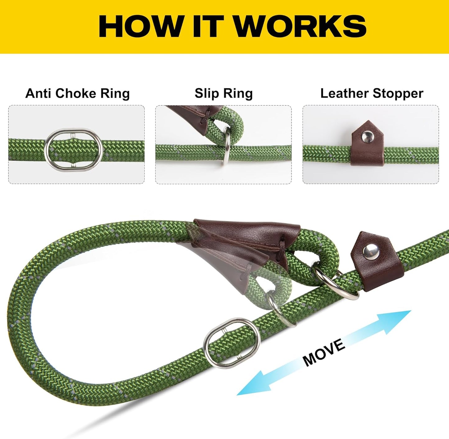 Durable Slip Lead , 6 FT X 1/2" Heavy Duty Loop Leash, Comfortable Strong Rope Leash for Large, Medium Dogs, No Pull Pet Training Leash with Highly Reflective, Green