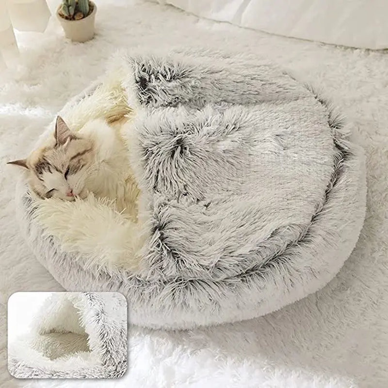 Winter Long Plush Pet Cat Bed round Cat Cushion House Warm Cat Basket Cat Sleep Bag Cat Nest Kennel 2 in 1 for Small Dog Cat