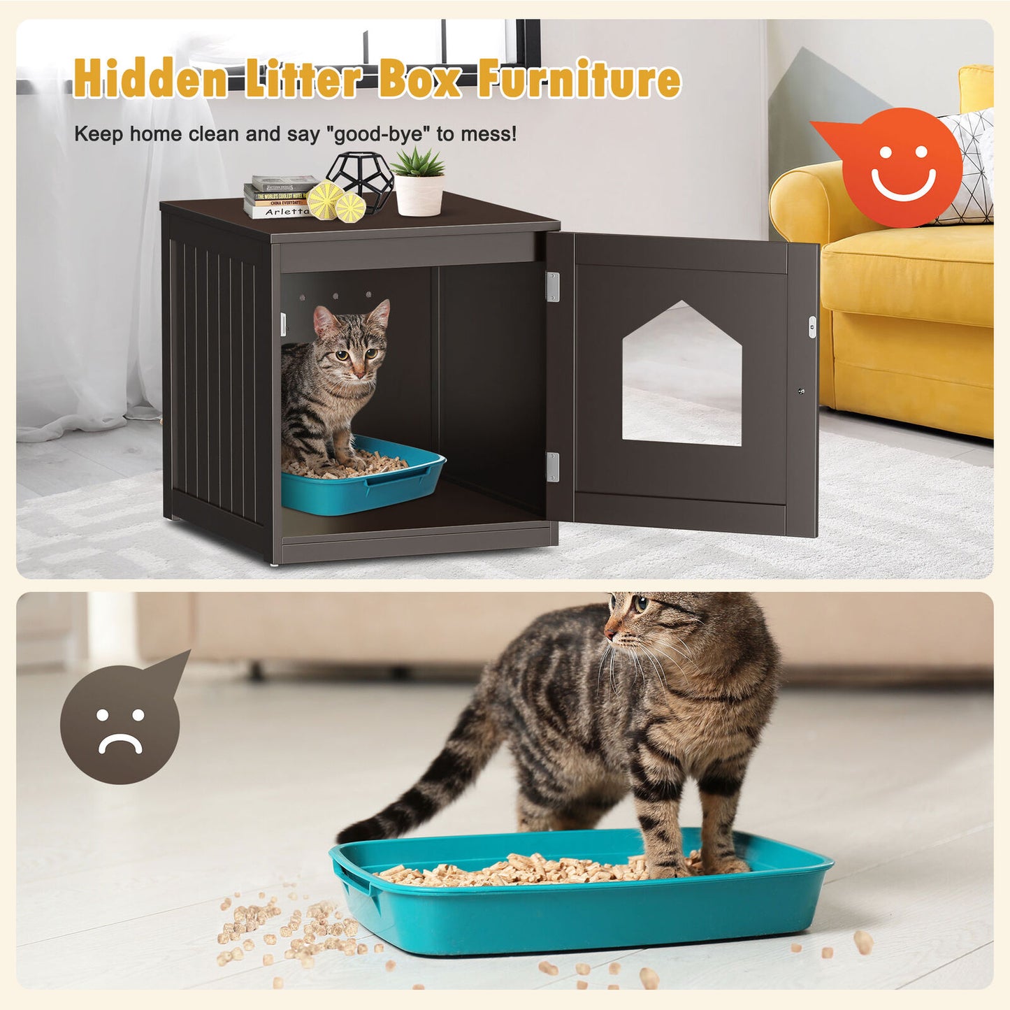 Wooden Cat Litter Box Enclosure Hidden Litter Box Furniture Cat House Brown