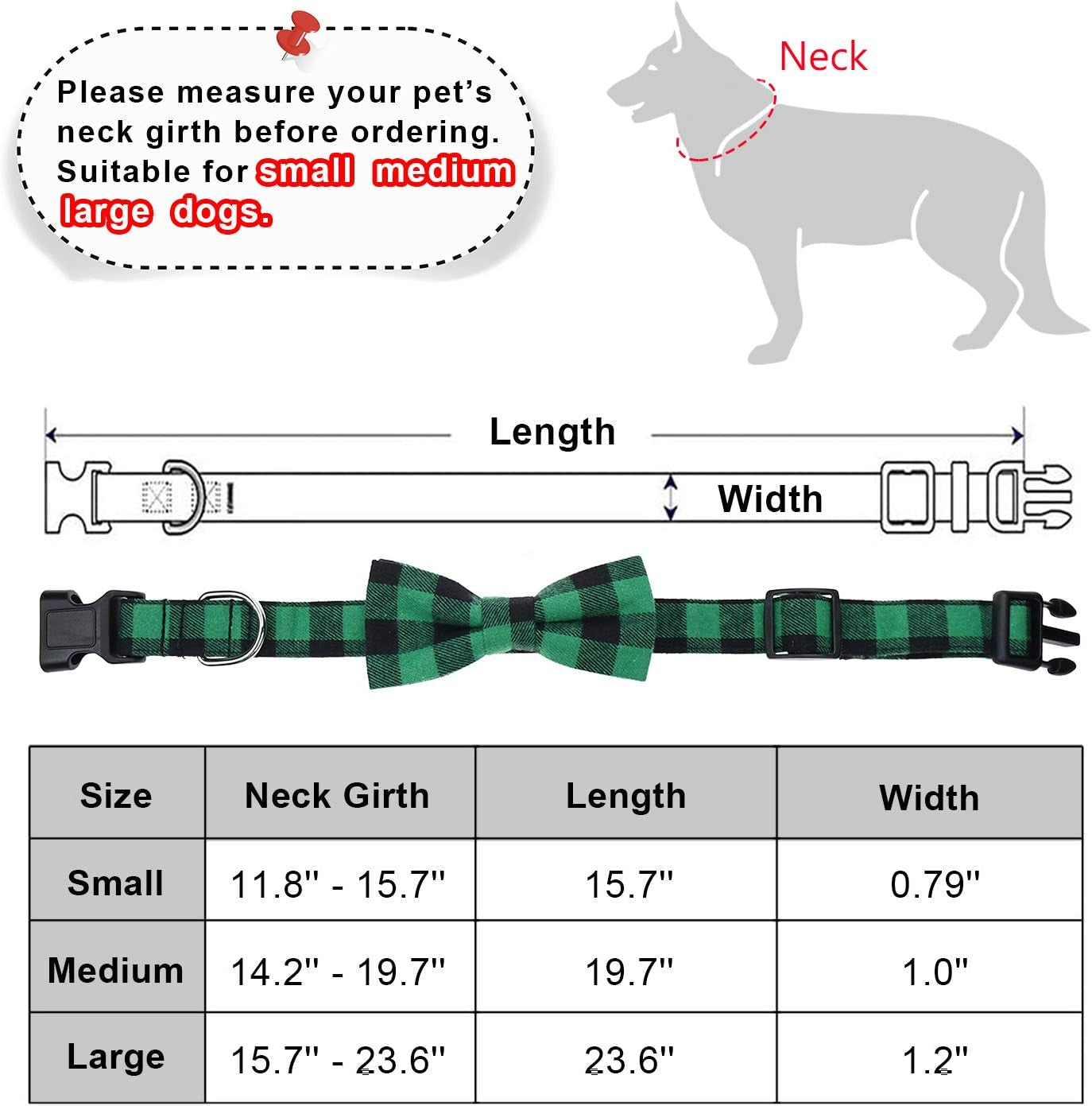 2 Pack Dog Collar with Bow Tie, Christmas Classic Plaid Pattern Dog Collar with Light Adjustable Buckle Suitable for Small Medium Large Dogs Cats Pets (Medium, Red + Green)