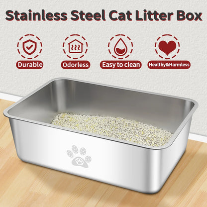 Cat Litter Box with High Sides Large Stainless Steel Cat Litter Pan 23.6" X 15.7" X 5.9"