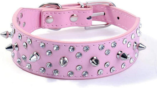 Spiked Studded Dog Collar Stylish Leather Dog Collar, with Bullet Rivets and Rhinestones, Soft and Adjustable for Medium and Large Dogs(Pink,M)