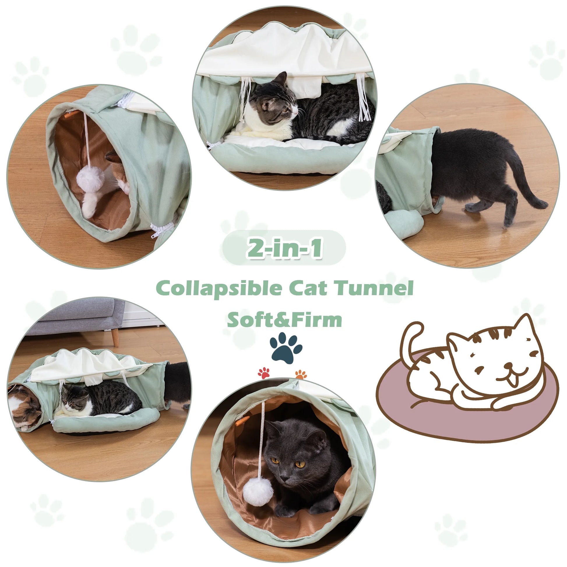 2-In-1 Cat Tunnel Tube Cat Tunnel Bed W/ Washable Bed Collapsible Kitty Toy, Green