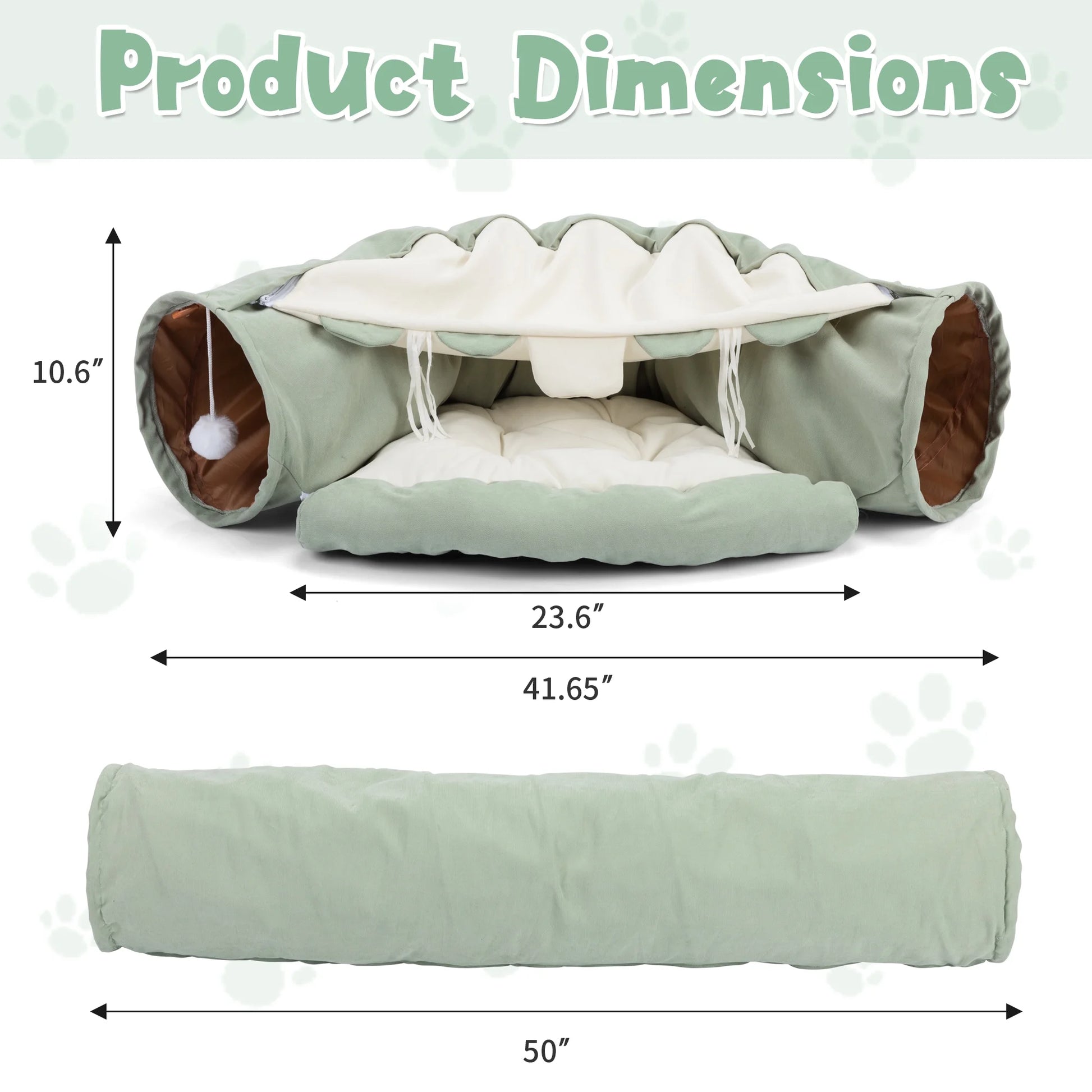 2-In-1 Cat Tunnel Tube Cat Tunnel Bed W/ Washable Bed Collapsible Kitty Toy, Green