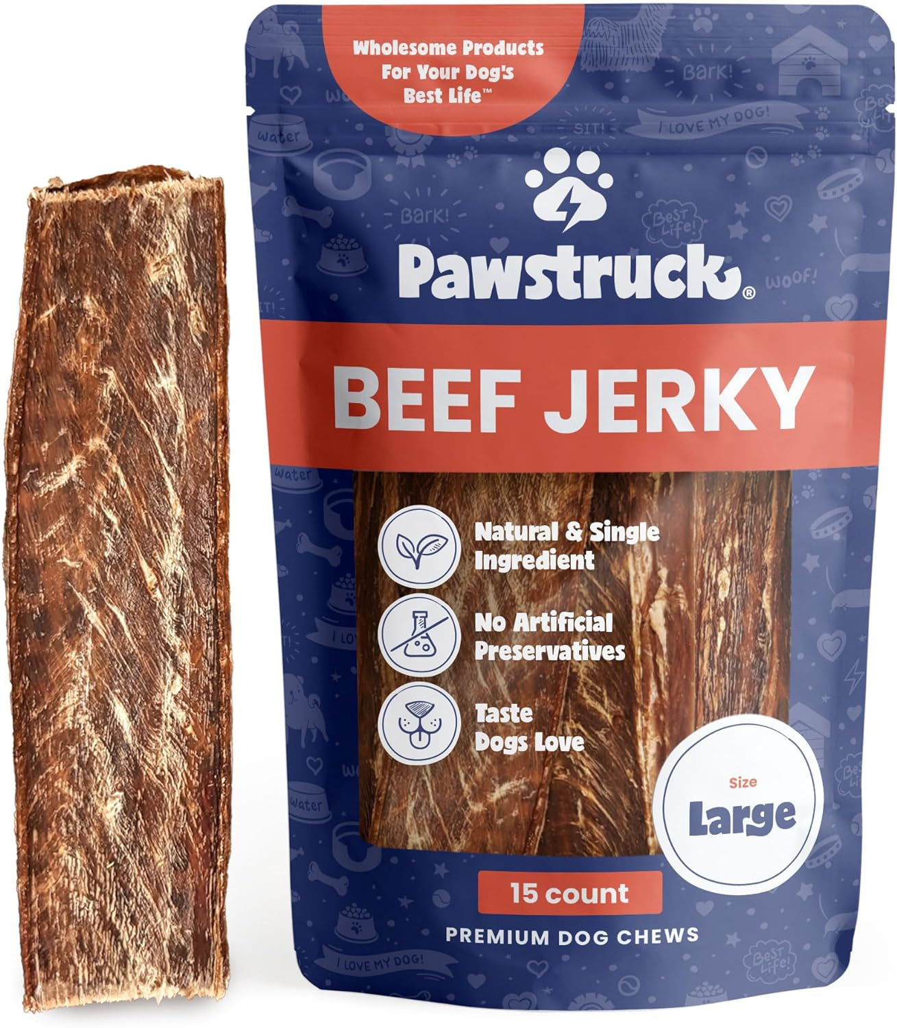 Premium Beef Jerky Dog Treat Chews, Large 10" Strips – Supports Hip & Joint Health, Rich in Glucosamine & Chondroitin, No Added Preservatives – 15 Count