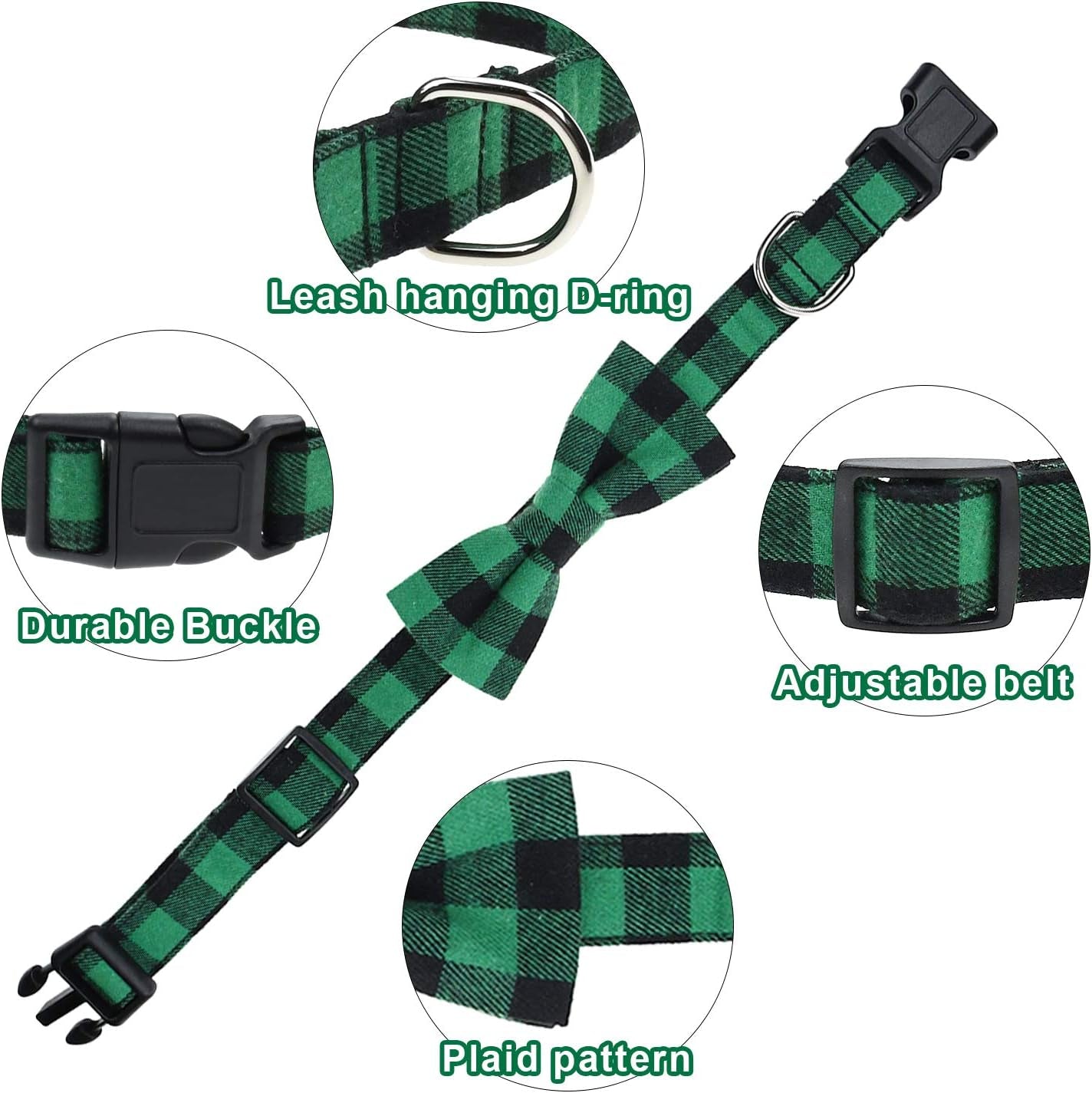 2 Pack Dog Collar with Bow Tie, Christmas Classic Plaid Pattern Dog Collar with Light Adjustable Buckle Suitable for Small Medium Large Dogs Cats Pets (Medium, Red + Green)