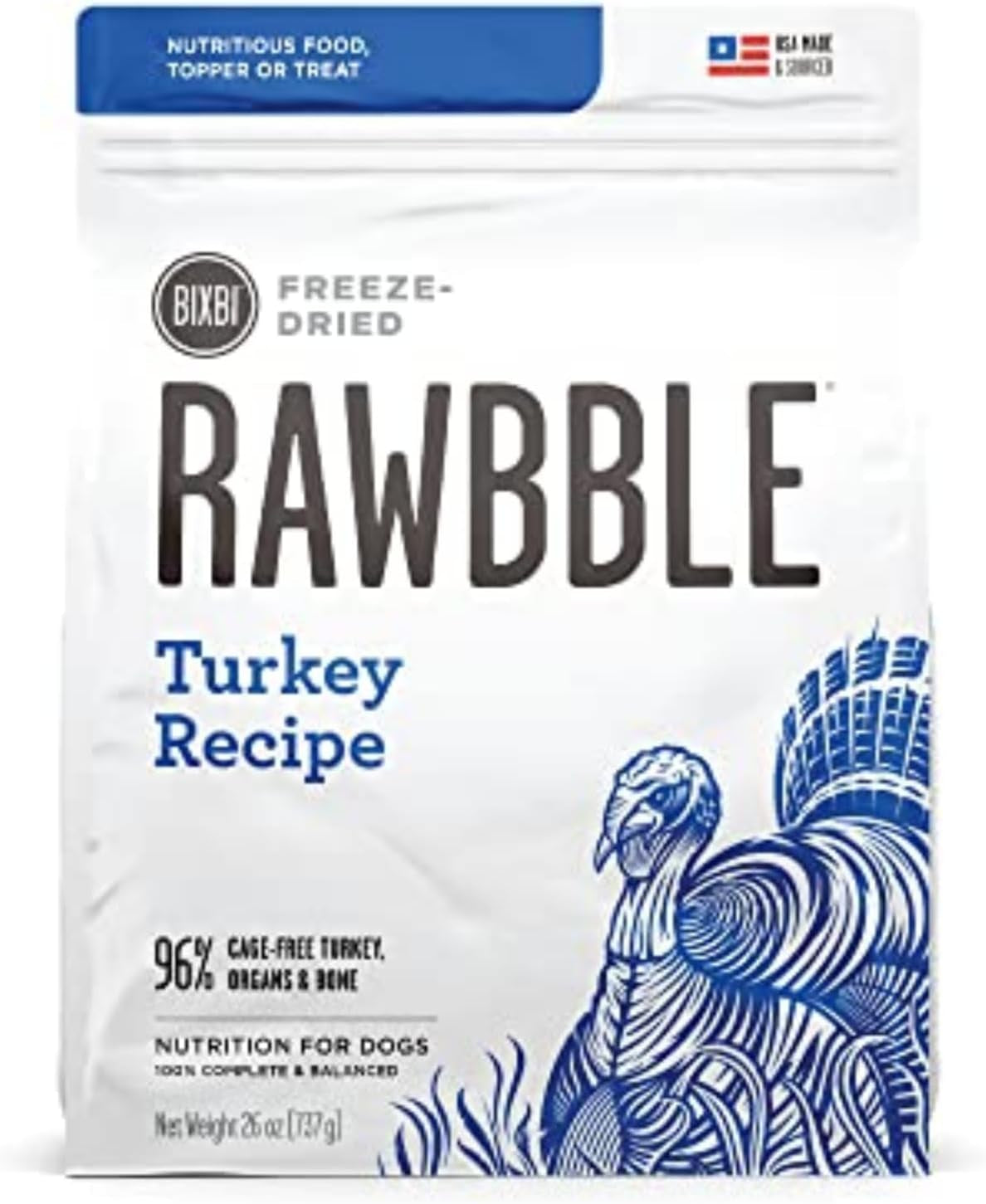 Rawbble Freeze Dried Dog Food, Turkey Recipe, 26 Oz - 96% Meat and Organs, No Fillers - Pantry-Friendly Raw Dog Food for Meal, Treat or Food Topper - USA Made in Small Batches