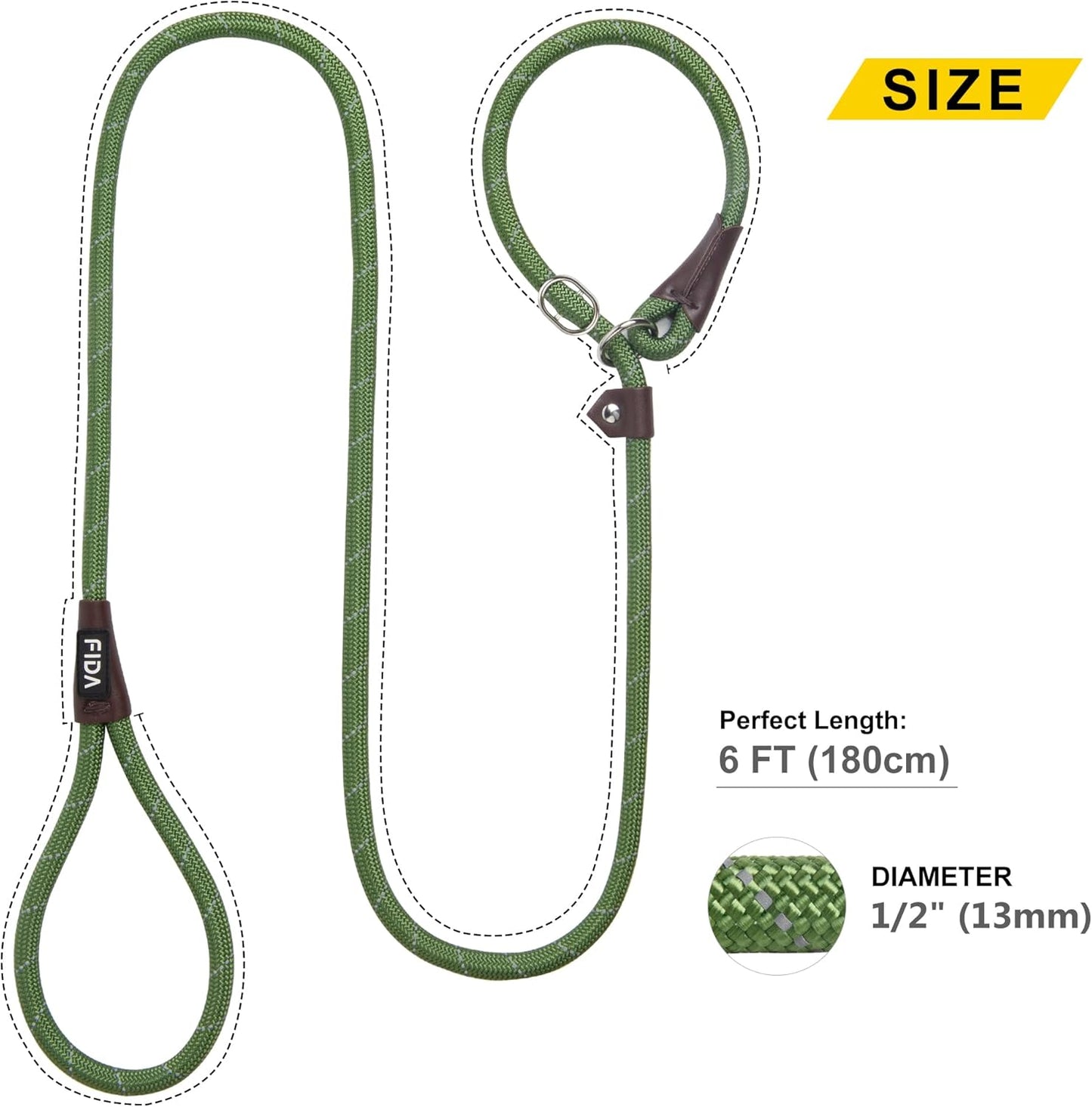 Durable Slip Lead , 6 FT X 1/2" Heavy Duty Loop Leash, Comfortable Strong Rope Leash for Large, Medium Dogs, No Pull Pet Training Leash with Highly Reflective, Green