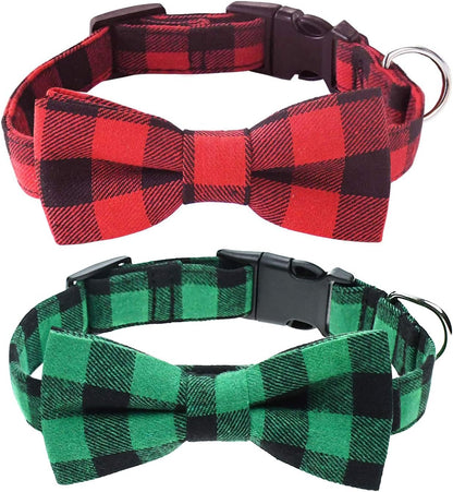 2 Pack Dog Collar with Bow Tie, Christmas Classic Plaid Pattern Dog Collar with Light Adjustable Buckle Suitable for Small Medium Large Dogs Cats Pets (Medium, Red + Green)