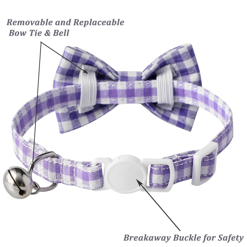 Cat Collar with Bow & Bell, Cute Plaid Patterns Collars, 1 Pack, Purple