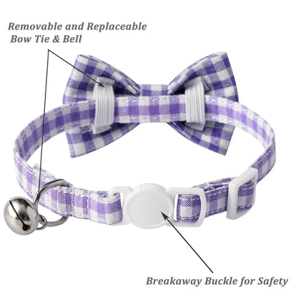 Cat Collar with Bow & Bell, Cute Plaid Patterns Collars, 1 Pack, Purple