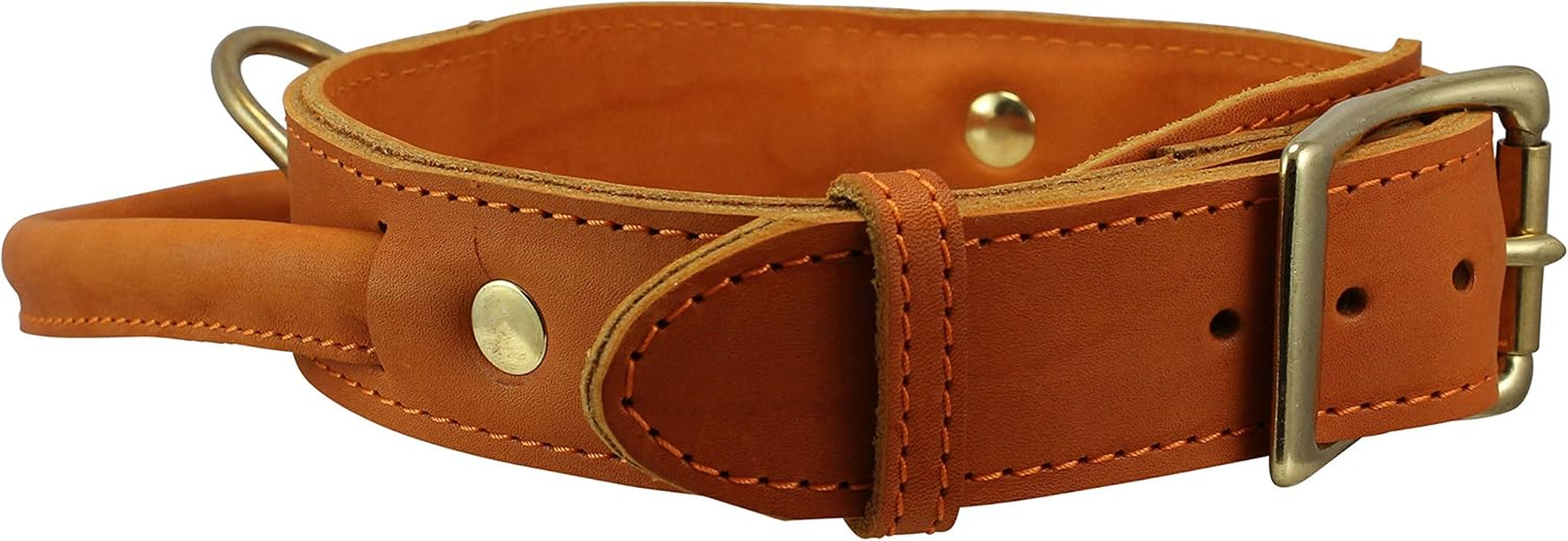 Genuine Leather Dog Collar, Rolled Leather Handle Tan (Xlarge: Neck: 20"-23.5")