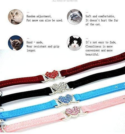 Velvet Safe Cat Collar with Crystal Heart Charm and Bells 