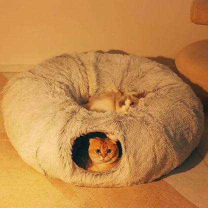 2 in 1 round Cat Beds House Funny Cat Tunnel Toy Soft Long Plush Dog Bed for Small Dogs Basket Kittens Bed Mat Kennel Deep Sleep