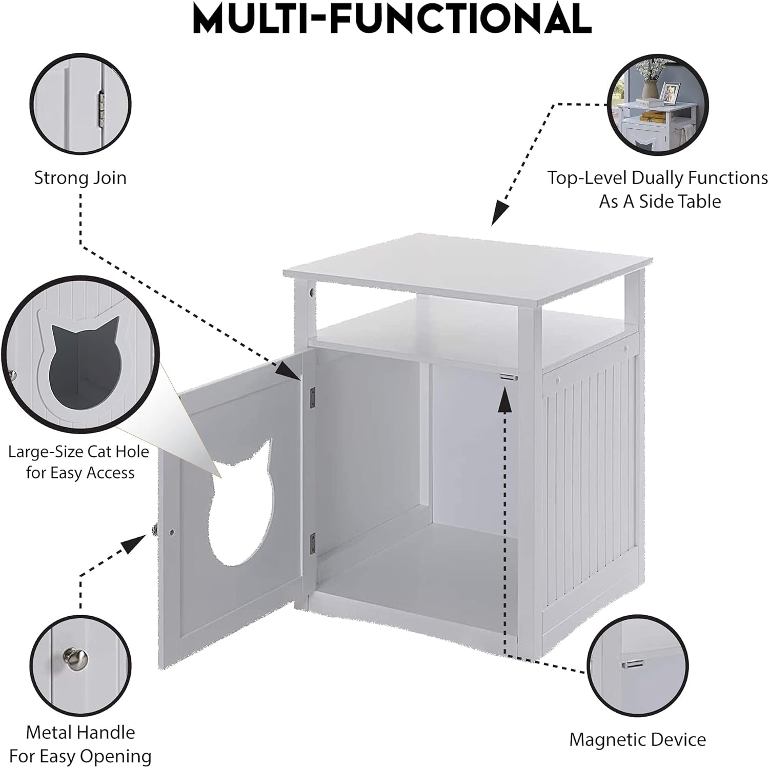 Nightstand Pet House, Litter Box Furniture Indoor Pet Crate, Litter Box Enclosure, Cat Washroom (White)