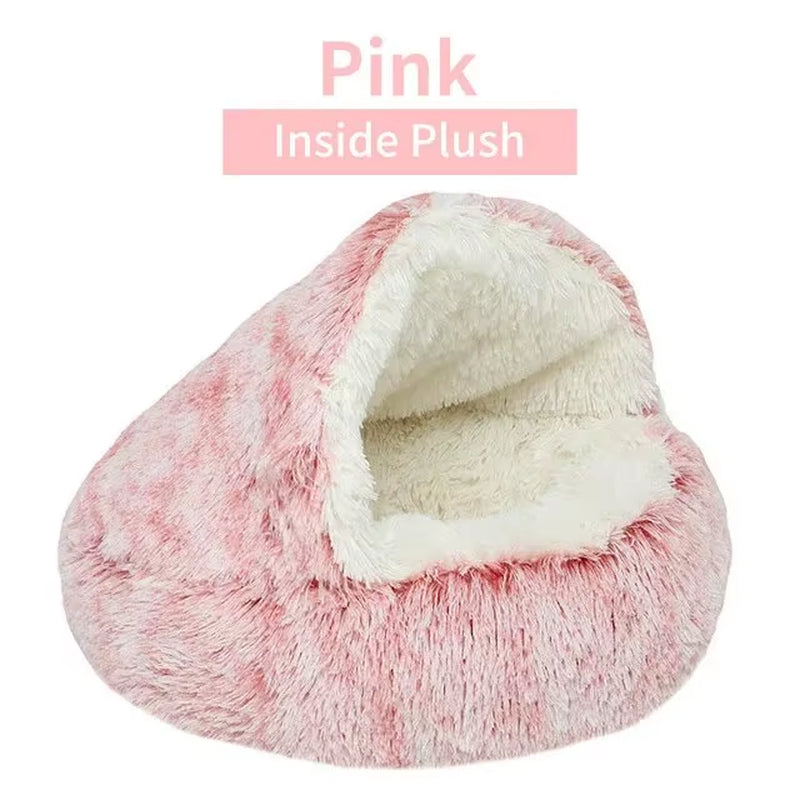 Plush Hooded Pet Bed round Fluffy Soft Cat Bed Pet Cushion Warm Cat Dog 2 in 1 Sleeping Nest Cave for Small Dogs