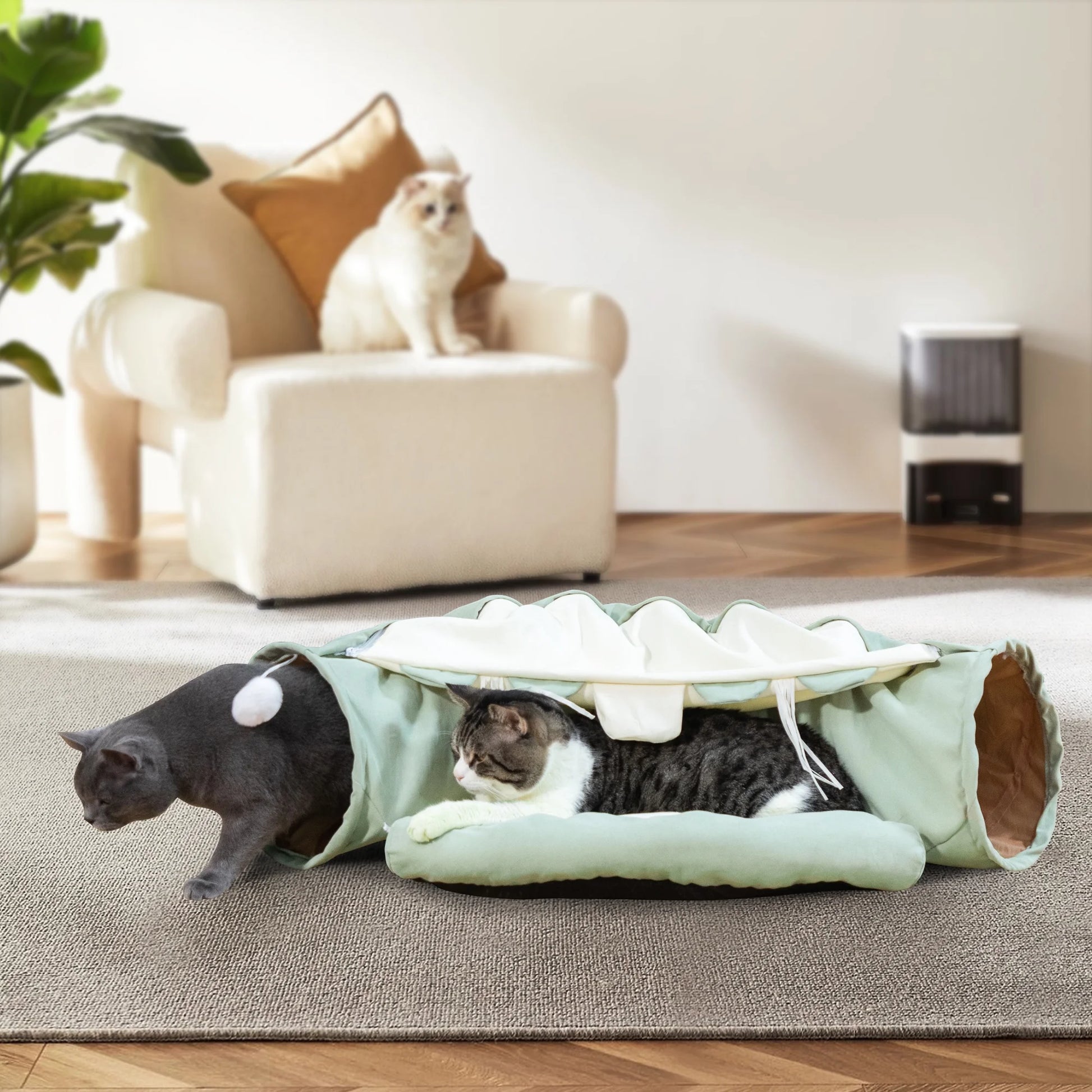 2-In-1 Cat Tunnel Tube Cat Tunnel Bed W/ Washable Bed Collapsible Kitty Toy, Green