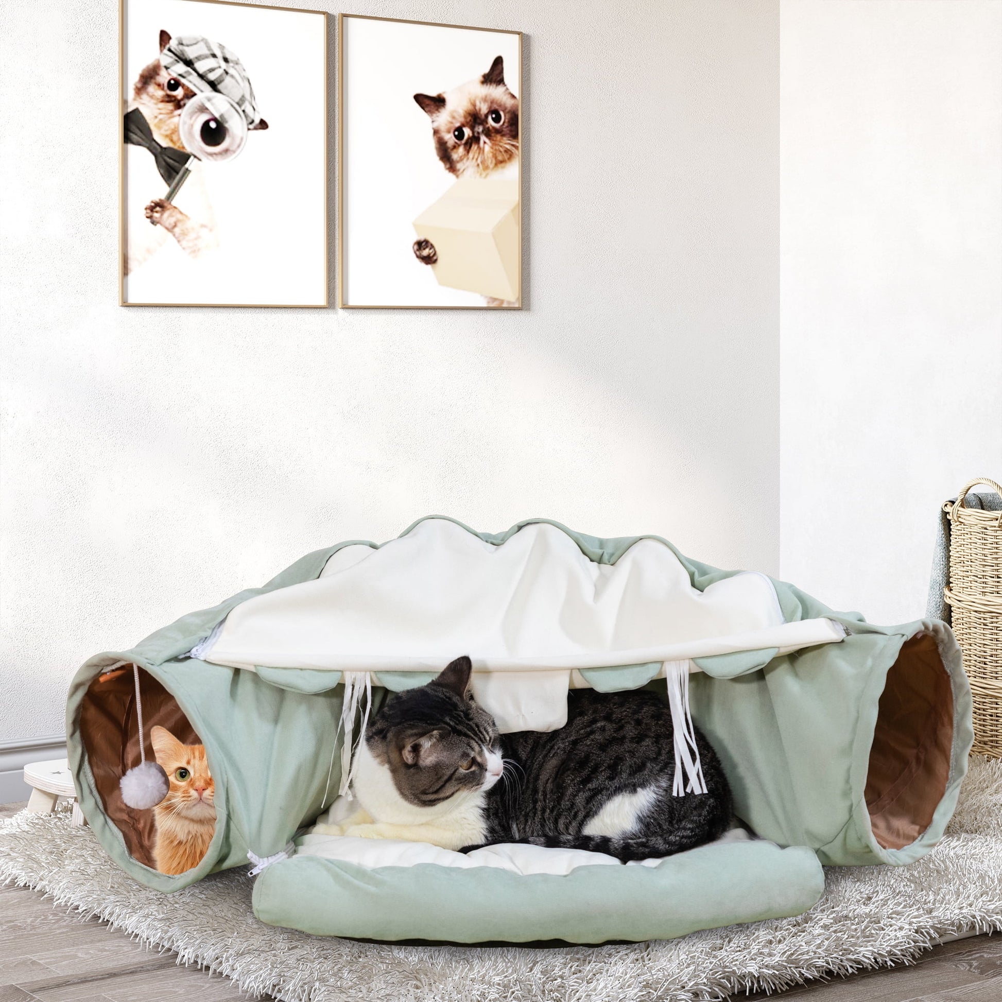 2-In-1 Cat Tunnel Tube Cat Tunnel Bed W/ Washable Bed Collapsible Kitty Toy, Green