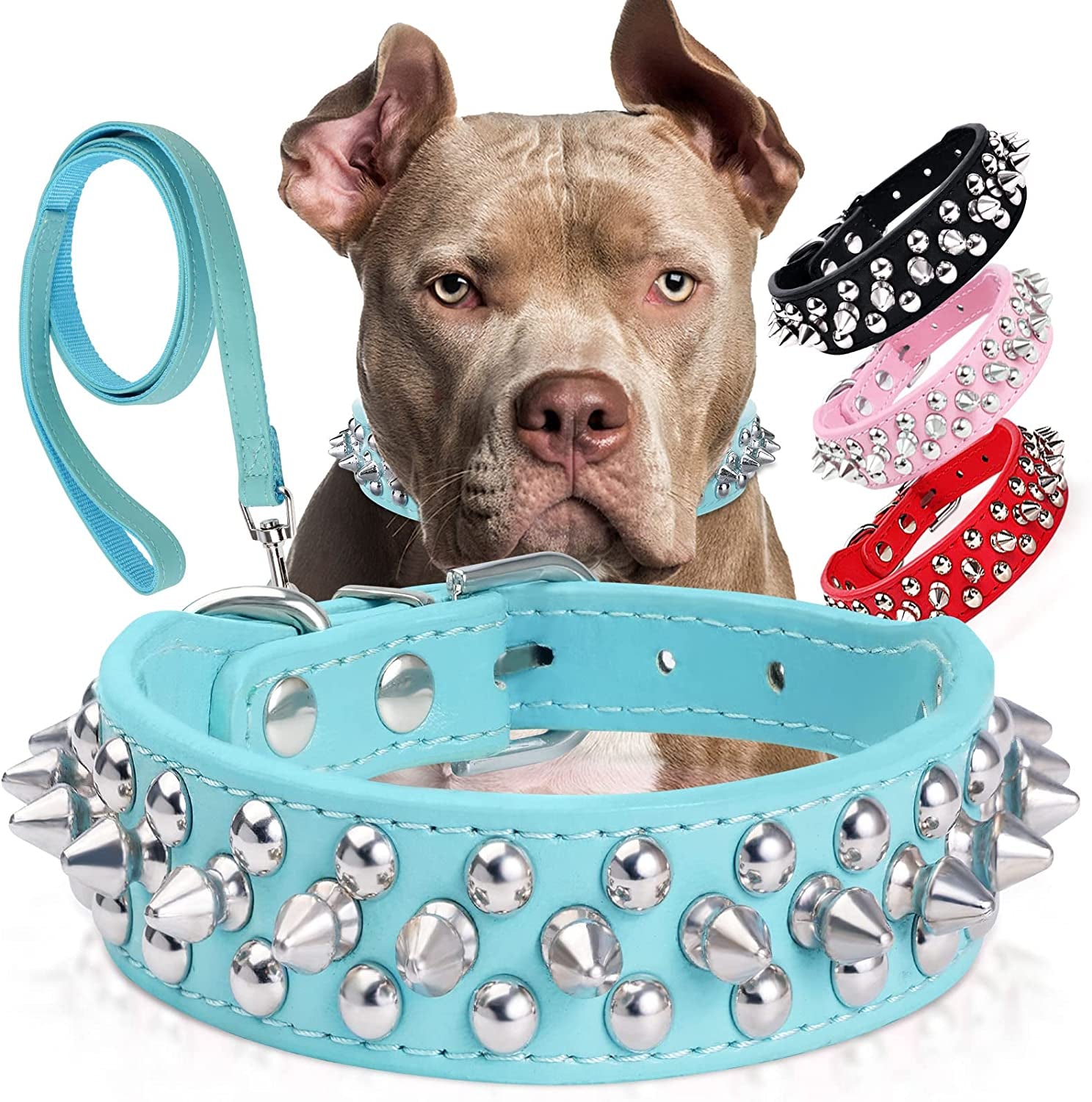 Spiked Studded Leather Dog Collar with Leash,  Rivet PU Leather Dog Collars for Pit Bull, Durable Leather Cat Collar Spiked Studded for Small Medium Large Pet