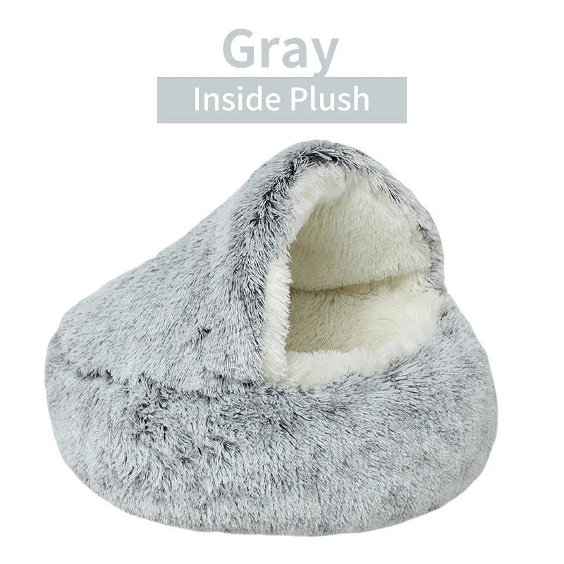 Winter Long Plush Pet Cat Bed round Cat Cushion House Warm Cat Basket Cat Sleep Bag Cat Nest Kennel 2 in 1 for Small Dog Cat