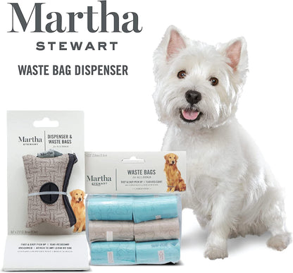 Martha Stewart Pets Waste Bag Dispenser with 30 Unscented, Tear-Resistant Dog Poop Bags, Leak-Proof and Stylish