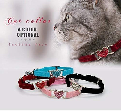 Velvet Safe Cat Collar with Crystal Heart Charm and Bells 