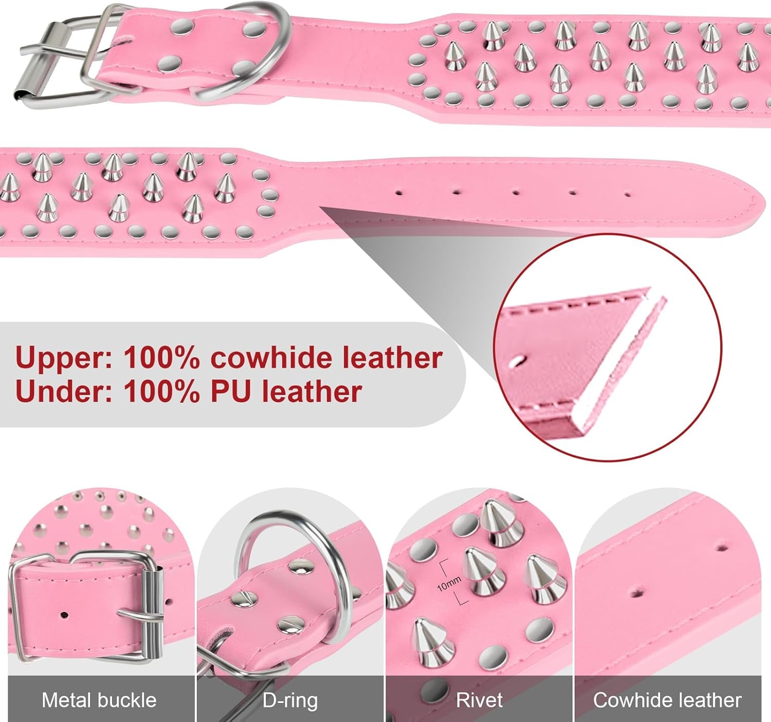 Dog Collar Leather Studded Collar with Spikes for Large Medium Dogs,2" Width(Pink,Xs)