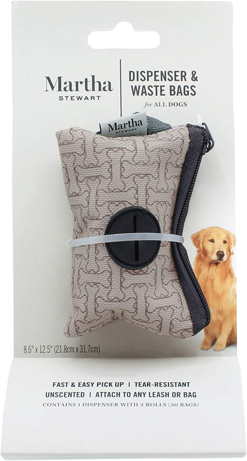 Martha Stewart Pets Waste Bag Dispenser with 30 Unscented, Tear-Resistant Dog Poop Bags, Leak-Proof and Stylish