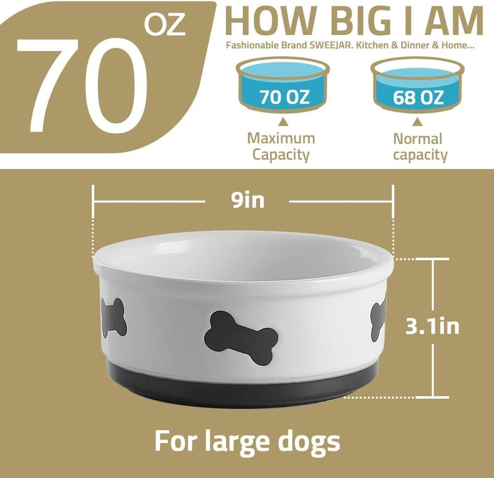 Ceramic Dog Bowls with Bone Pattern, Dog Food Dish for Large Dogs, Porcelain Pet Bowl for Water 70 Fl Oz (Gray)