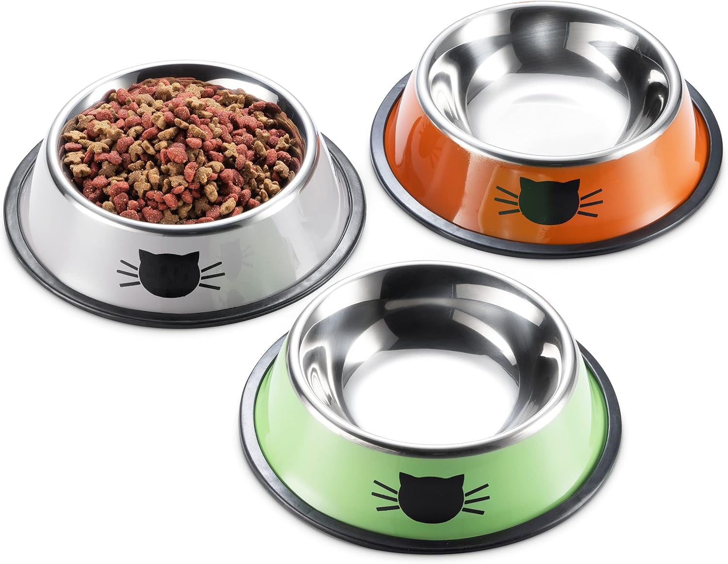 Pet Bowl Set for Cats and Kittens - Stainless Steel Feeder Bowls with a Nonslip Base - Food and Water Dishes That Are Easy to Clean - 3-Pack