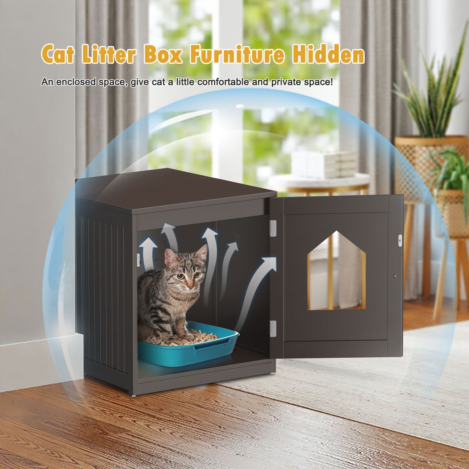 Wooden Cat Litter Box Enclosure Hidden Litter Box Furniture Cat House Brown