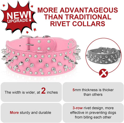 Dog Collar Leather Studded Collar with Spikes for Large Medium Dogs,2" Width(Pink,Xs)