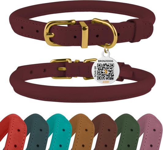 Rolled Leather Dog Collar with QR ID Tag Adjustable Soft round Collars for Small Medium Large Dogs Puppy Cat (14" - 16" Neck Size, Burgundy)