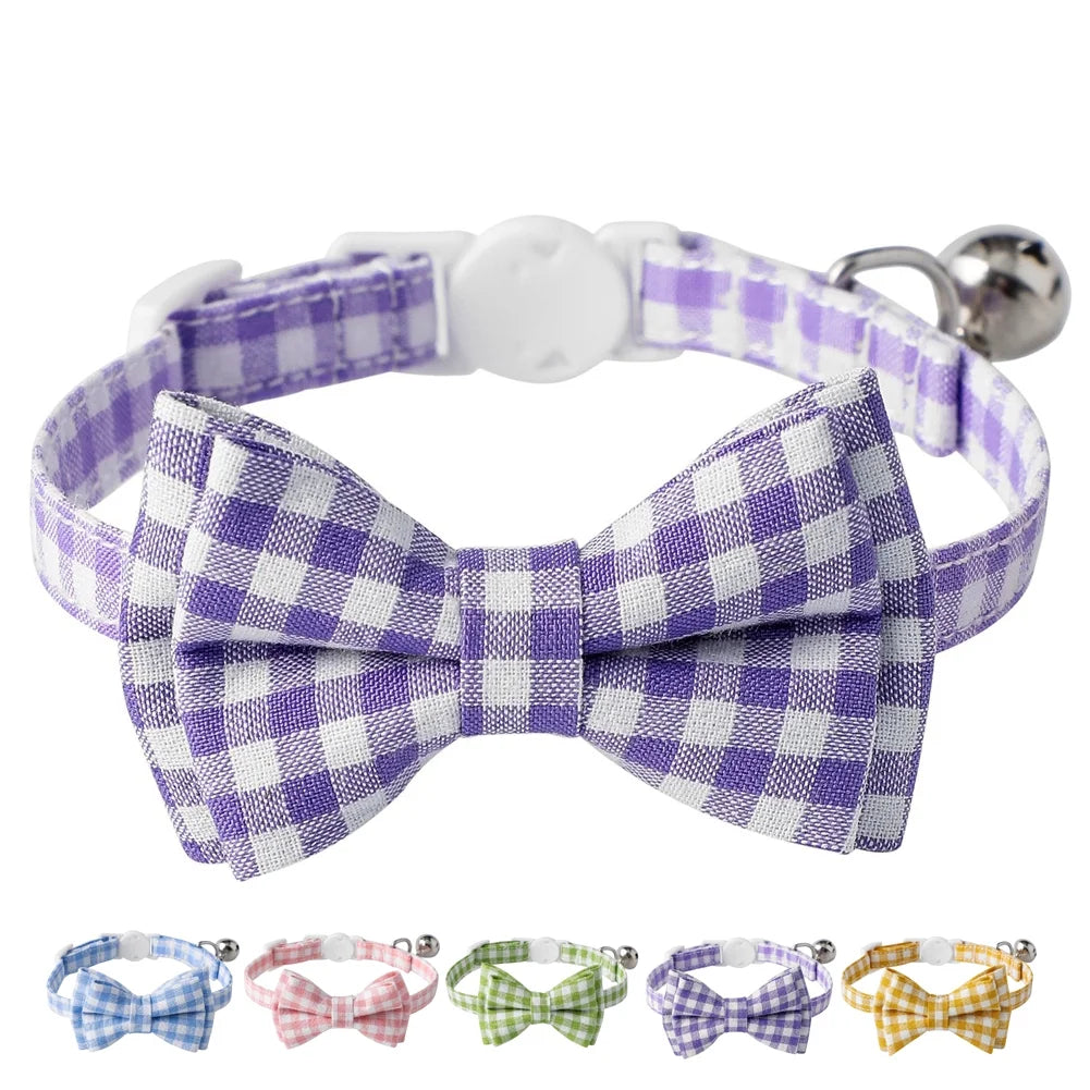 Cat Collar with Bow & Bell, Cute Plaid Patterns Collars, 1 Pack, Purple