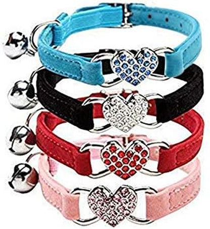 Velvet Safe Cat Collar with Crystal Heart Charm and Bells 