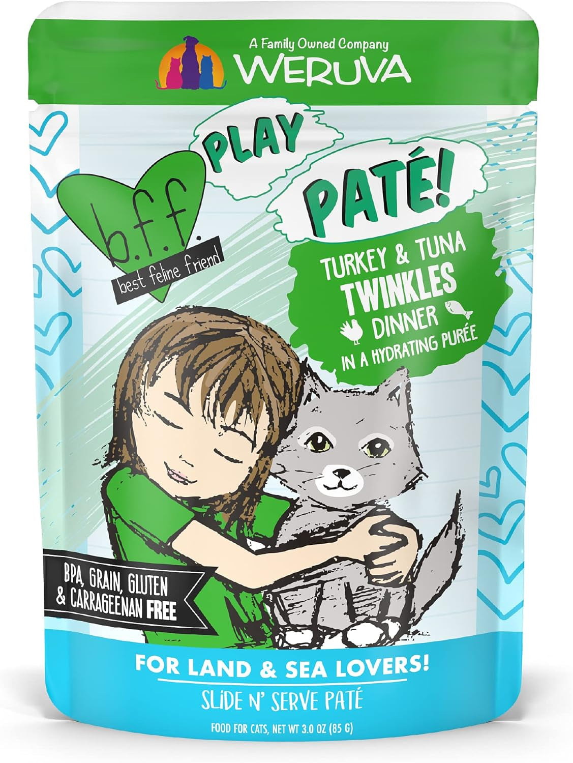 B.F.F. Play - Best Feline Friend Paté Lovers, Aw Yeah!, Turkey & Tuna Twinkles with Turkey & Tuna, 3Oz Pouch (Pack of 12)