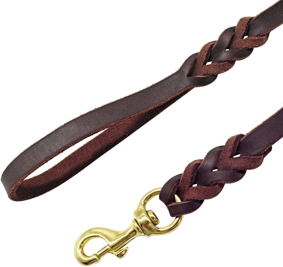 Leather Dog Leash - Training & Walking Dog Leash - Braided 3.6 Ft by 3/4 in (110Cm 1.8Cm) - Latigo Leather Brown