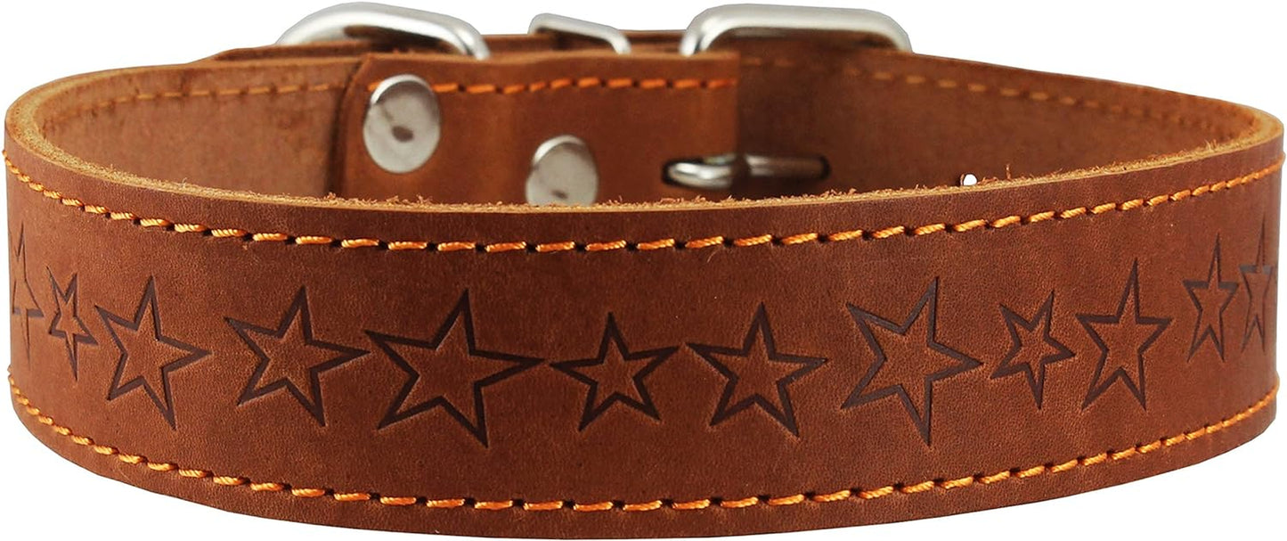 Genuine Leather Dog Collar Stars Pattern Brown 4 Sizes (Neck Circumf: 16.5"-18.5"; 1.25" Wide)