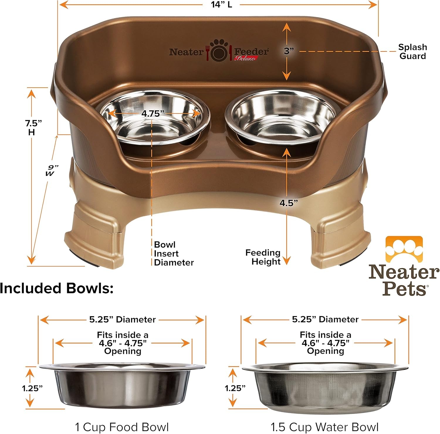 Neater Feeder Deluxe Mess Proof Cat Bowls Elevated for All Breeds – Made in USA – No Spill Raised Cat Bowls for Indoor Cats W/Leg Extensions – Stainless Steel Cat Food and Water Bowl Set - Bronze